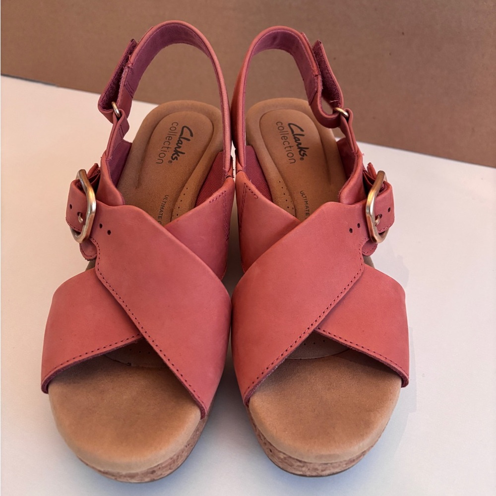 Clarks Pink Sandals with Gold Buckle